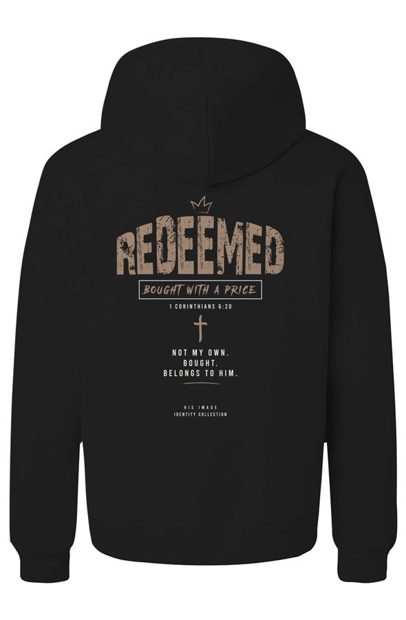 REDEEMED Christian hoodie with minimalist graphic design